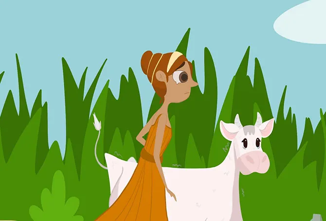 Image de Io qui court avec sa forme de vache à ses côtés